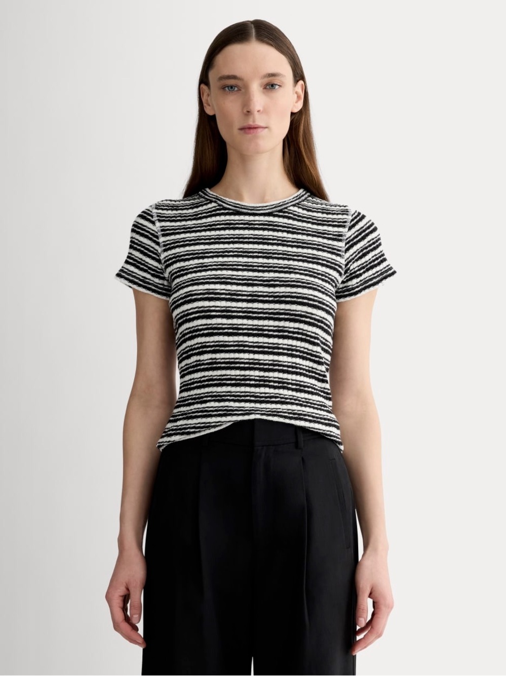 Everlane The Cozy Rib Tee Bone Black Striped Short Sleeve Crewneck Size L NWT